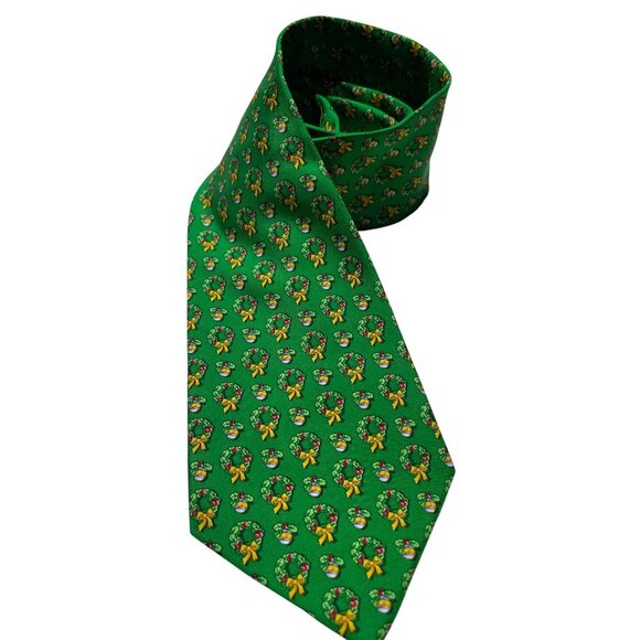 Roundtree & Yorke Holiday Collection Christmas Wreath Green Silk Tie - Picture 1 of 3